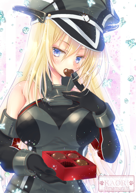 1girl bismarck_(kancolle) bismarck_drei_(kancolle) black_gloves blonde_hair blue_eyes box box_of_chocolates breasts chocolate detached_sleeves food gloves grey_headwear hair_between_eyes hat holding holding_box holding_chocolate holding_food kantai_collection kaori_(mamuru18) large_breasts military military_uniform peaked_cap solo uniform valentine