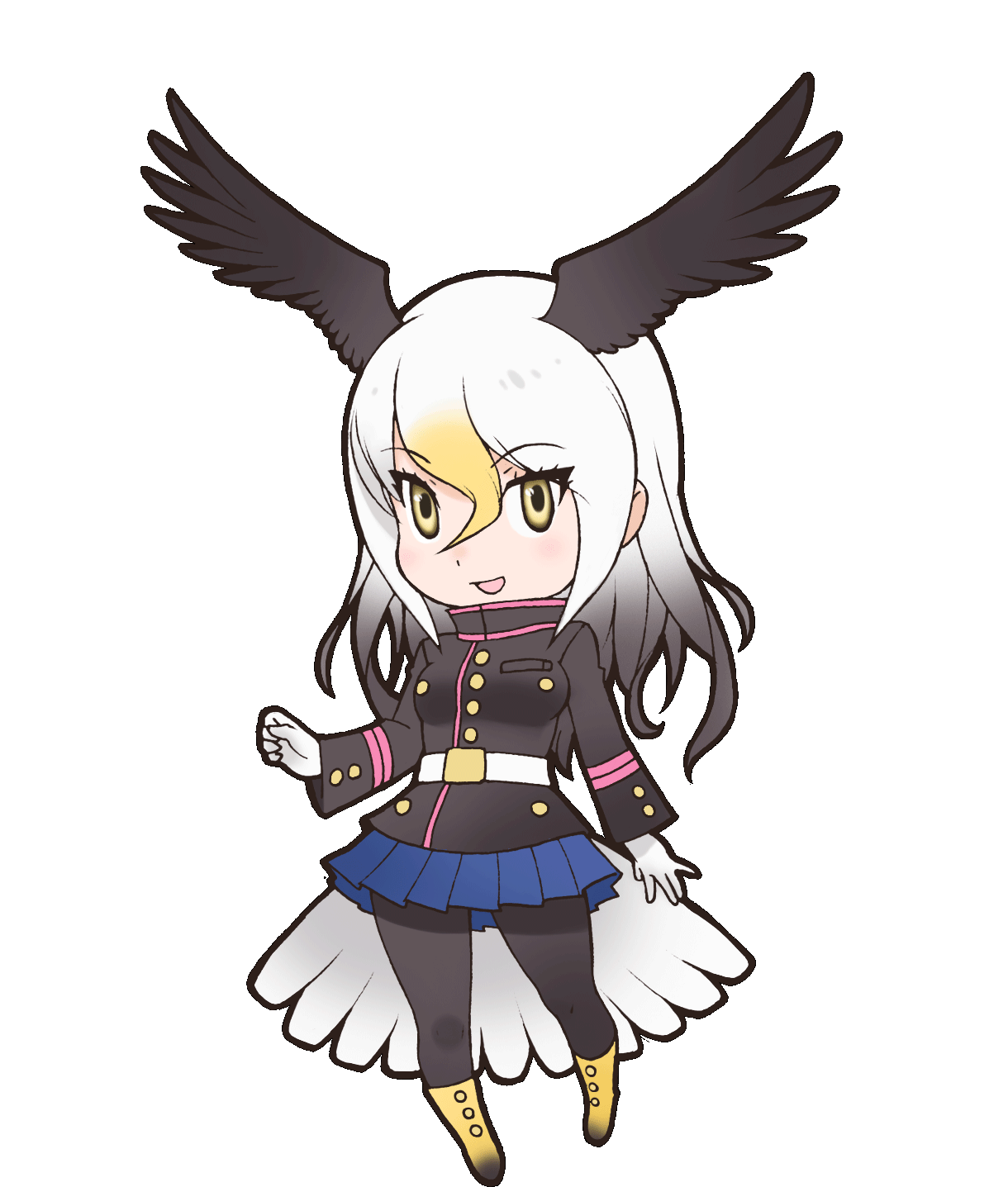 1girl animal_ears bald_eagle_(kemono_friends) belt bird_ears bird_girl bird_tail bird_wings boots gloves grey_hair highres kemono_friends long_hair looking_at_viewer official_art open_mouth pantyhose shirt simple_background skirt solo tail transparent_background wings yellow_eyes yoshizaki_mine