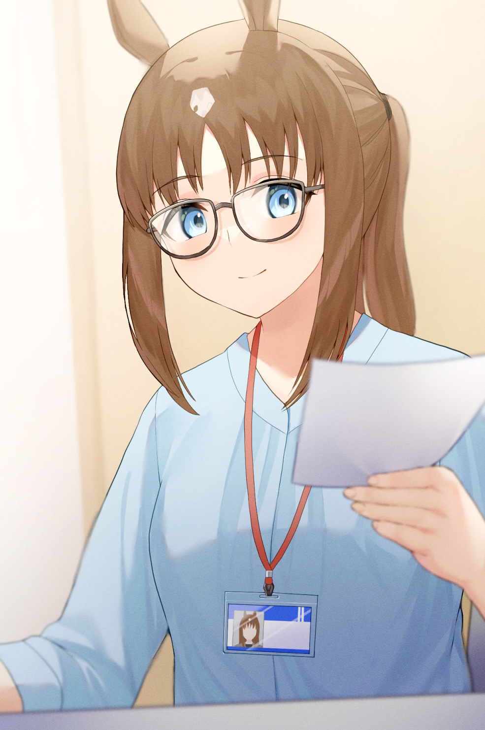 1girl aged_up alternate_costume animal_ears bespectacled blue_eyes blue_shirt brown_hair commentary glasses grass_wonder_(umamusume) highres holding holding_paper horse_ears horse_girl id_card long_hair long_sleeves looking_at_viewer maaason multicolored_hair name_tag office_lady paper shirt smile solo streaked_hair two-tone_hair umamusume upper_body white_hair