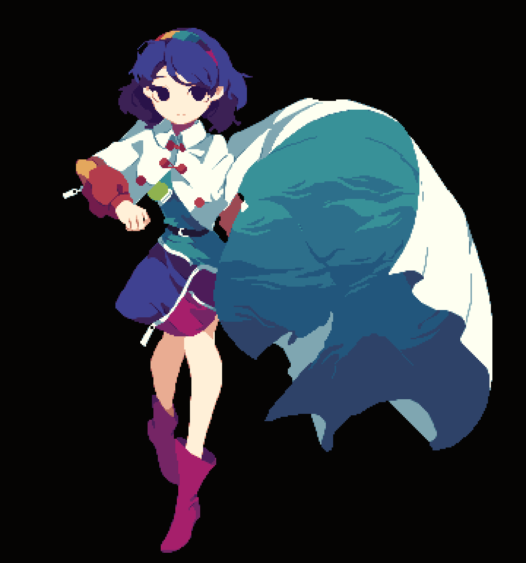 1girl 4qw5 bangs black_background black_eyes blue_hair cape full_body long_sleeves looking_at_viewer multicolored_clothes multicolored_hairband pixel_art purple_footwear short_hair simple_background solo tenkyuu_chimata touhou white_cape zipper