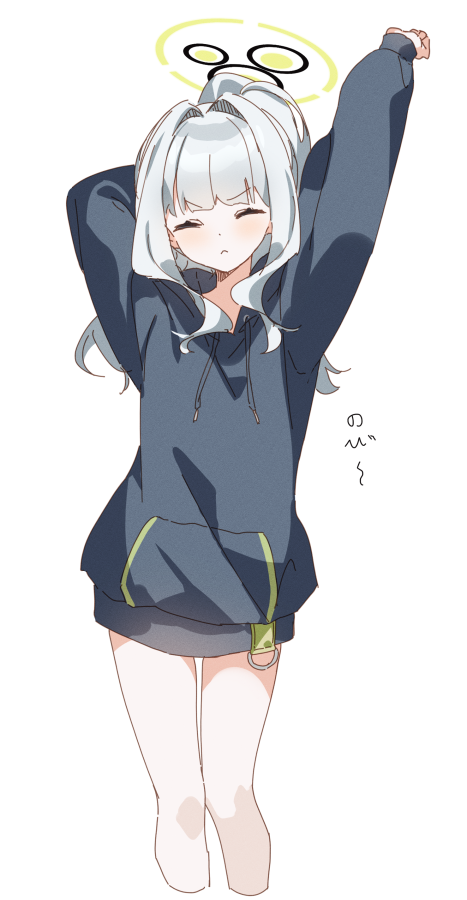 1girl :&lt; arm_up bare_legs blue_archive closed_eyes closed_mouth cropped_legs feet_out_of_frame grey_hoodie halo hare_(blue_archive) hood hood_down hoodie long_sleeves medium_hair nekoln simple_background solo stretching white_background white_hair