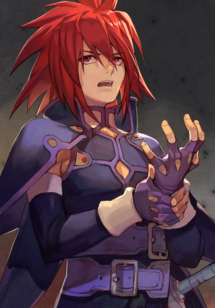 1boy belt blue_belt cape cleavage_cutout clothing_cutout gradient_background hankuri kratos_aurion medium_hair open_mouth red_eyes redhead solo sword tales_of_(series) tales_of_symphonia upper_body weapon