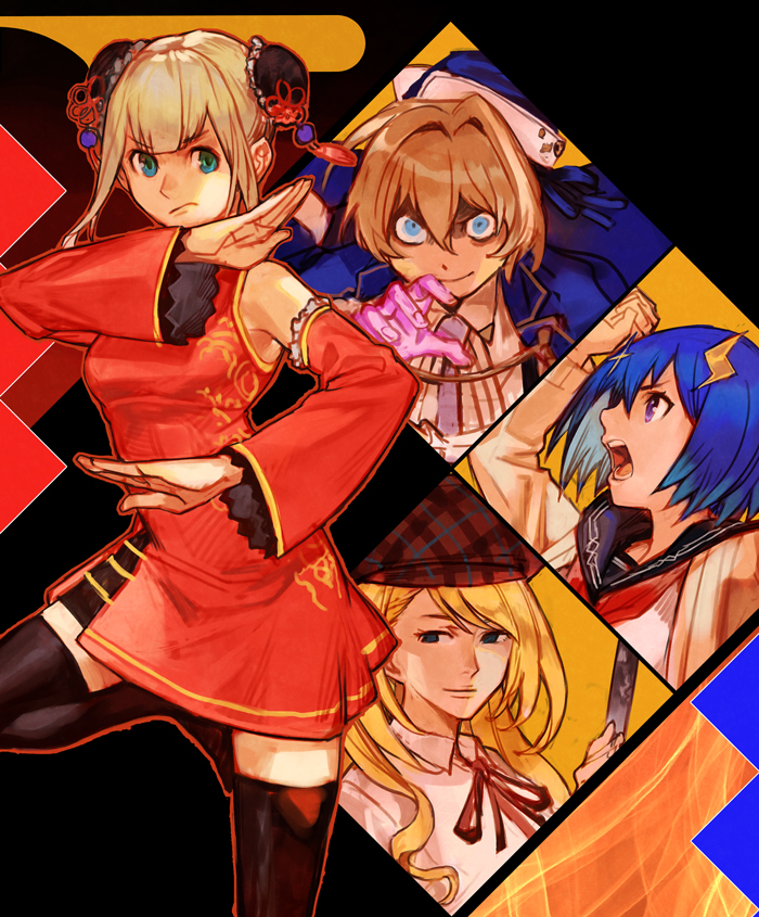 4girls aqua_eyes bangs black_sailor_collar black_thighhighs blonde_hair blue_eyes blue_hair blunt_bangs breasts bun_cover character_request china_dress chinese_clothes collared_shirt copyright_request detached_sleeves double_bun dress hair_bun hair_ornament hankuri leg_up looking_at_viewer medium_breasts multiple_girls neck_ribbon neckerchief open_mouth profile red_dress red_neckerchief red_ribbon ribbon sailor_collar shirt short_hair thigh-highs white_shirt