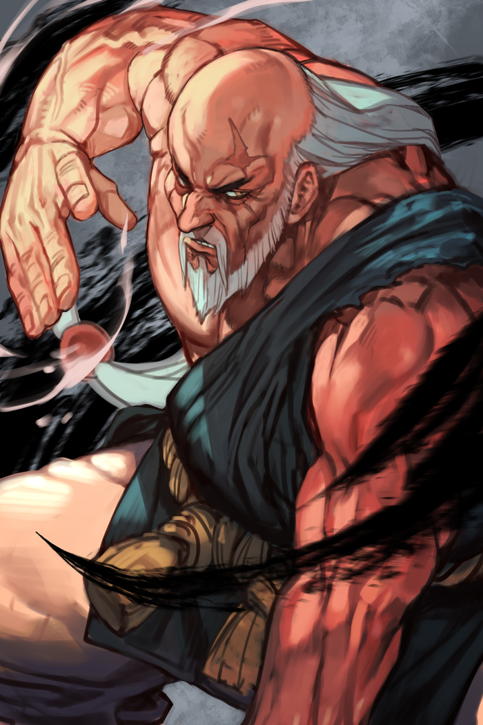 1boy bald beard brown_eyes facial_hair feet_out_of_frame gouken hankuri long_hair muscular muscular_male mustache old old_man parted_lips pectorals rope scar scar_on_face scar_on_forehead solo street_fighter street_fighter_iv_(series) veins veiny_arms white_hair