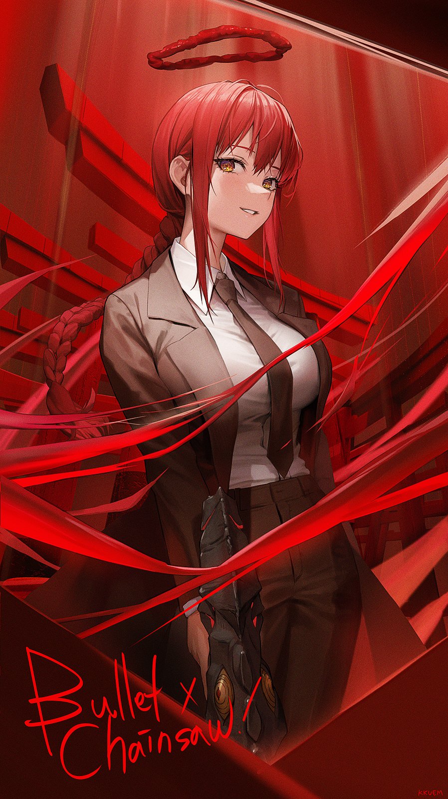 1girl black_necktie black_pants braid braided_ponytail breasts business_suit chainsaw_man collared_shirt formal goddess_of_victory:_nikke grin gun high-waist_pants highres holding holding_gun holding_weapon kkuem large_breasts makima_(chainsaw_man) necktie office_lady pants red_halo redhead ringed_eyes shirt shirt_tucked_in sidelocks smile solo suit weapon yellow_eyes