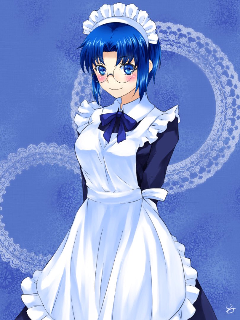 1girl alternate_costume apron arms_behind_back black_dress blue_background blue_eyes blue_hair ciel_(tsukihime) commentary_request dress enmaided glasses lo_lis long_dress long_sleeves maid maid_apron maid_headdress round_eyewear signature smile solo tsukihime white_apron