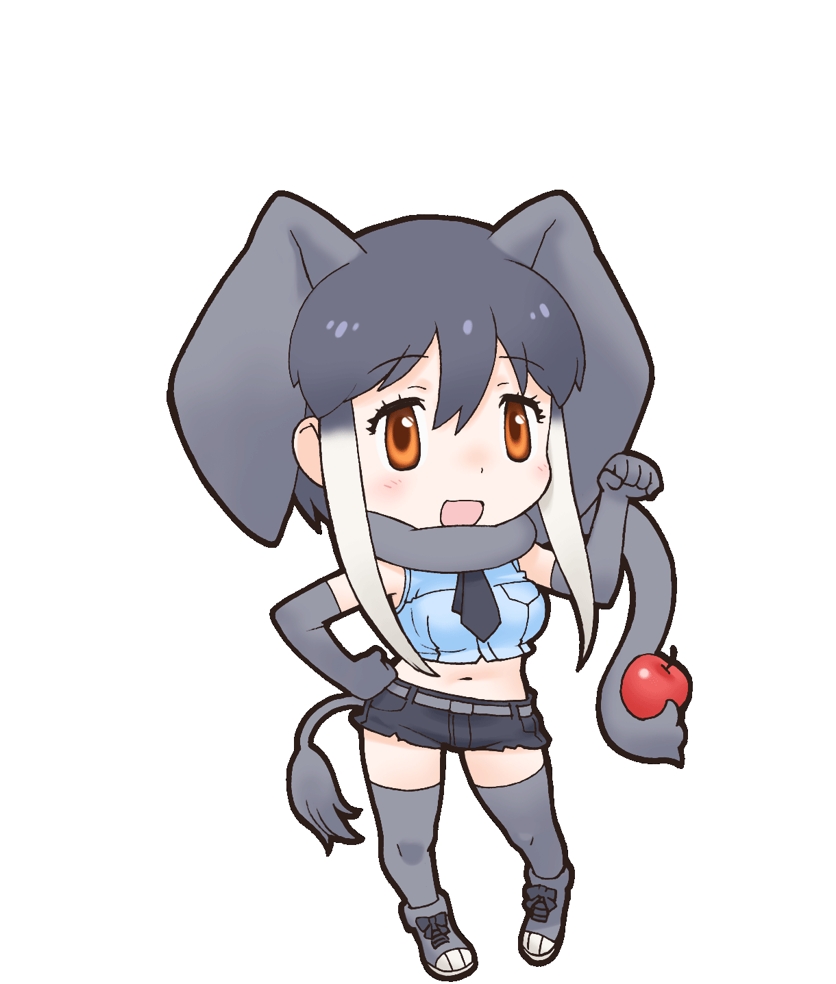 1girl african_elephant_(kemono_friends) apple black_hair elbow_gloves elephant_ears elephant_girl elephant_tail food fruit gloves highres kemono_friends looking_at_viewer necktie official_art open_mouth red_eyes scarf shirt shoes short_hair shorts sleeveless sleeveless_shirt socks solo tail thigh-highs transparent_background yoshizaki_mine
