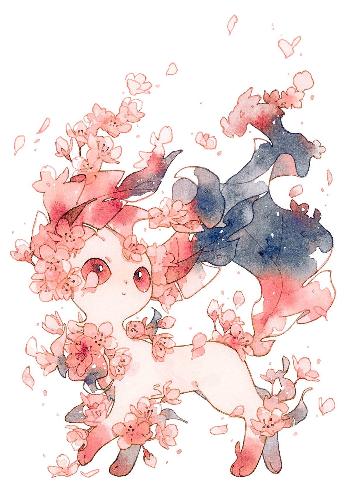closed_mouth falling_petals flower from_side highres leafeon looking_up no_humans oharu-chan petals pink_flower pokemon pokemon_(creature) smile solo white_background