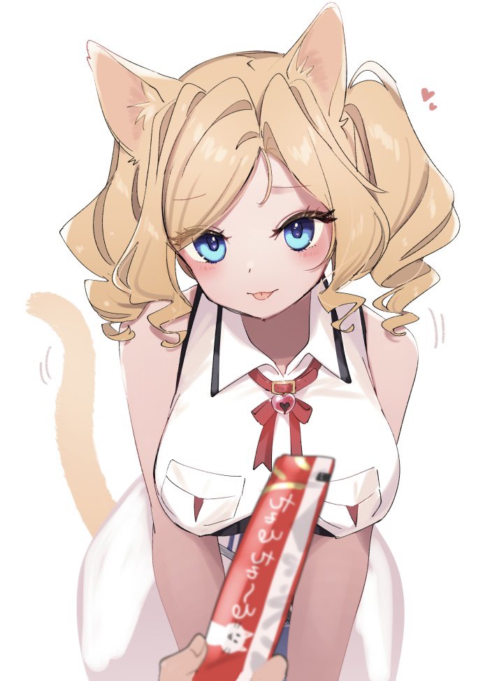 1girl :p animal_ears ascot blonde_hair blue_dress blue_eyes breast_pocket breasts cat_day cat_ears cat_girl cat_tail crop_top dress drill_hair heart honolulu_(kancolle) kantai_collection kemonomimi_mode large_breasts long_hair military military_uniform pleated_dress pocket red_ascot simple_background sleeveless sleeveless_jacket tail tongue tongue_out twin_drills twintails uniform white_background yamashichi_(mtseven)
