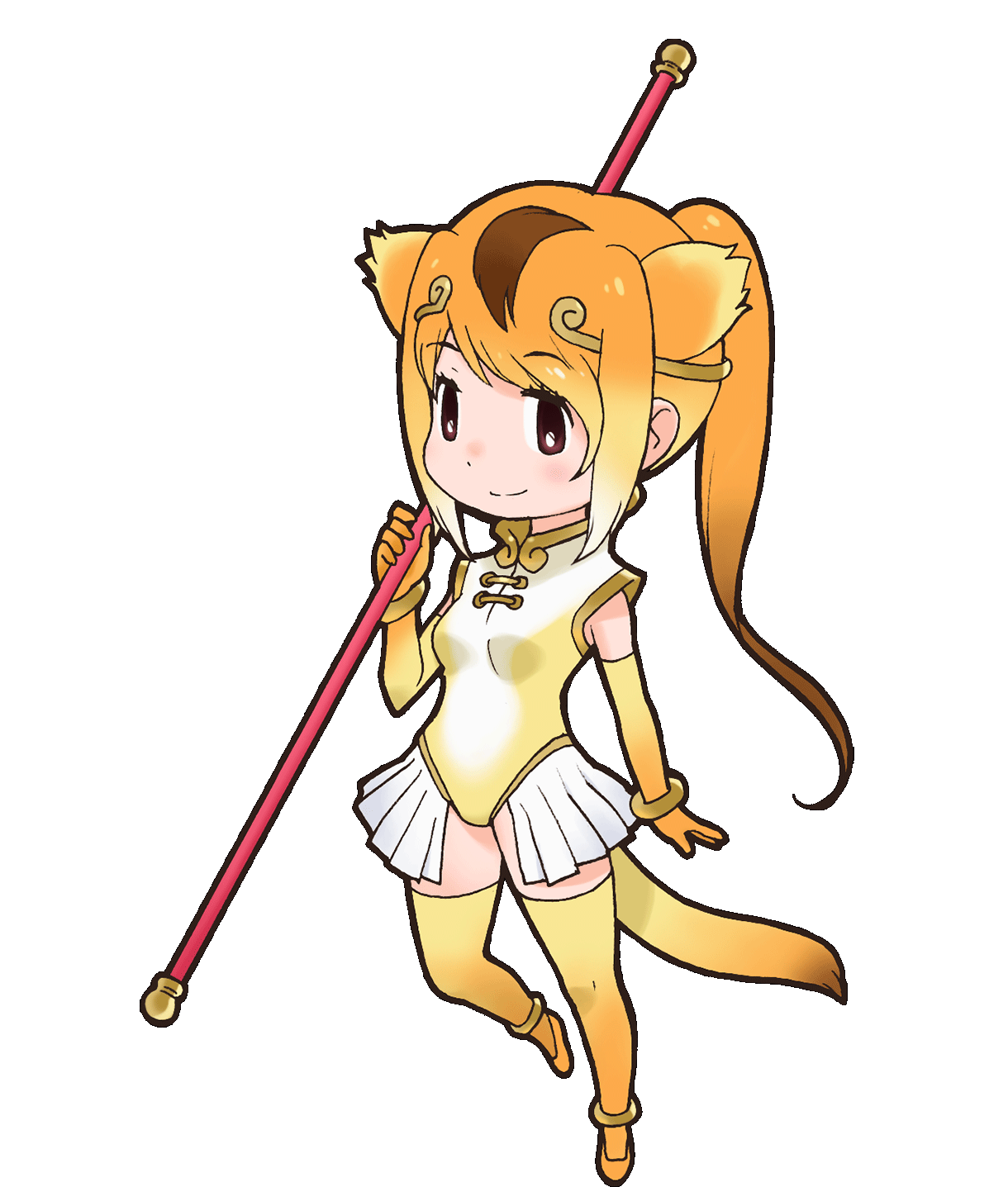 1girl animal_ears black_eyes closed_mouth elbow_gloves extra_ears gloves golden_snub-nosed_monkey_(kemono_friends) highres jewelry kemono_friends leotard long_hair looking_at_viewer monkey_ears monkey_girl monkey_tail official_art orange_hair ring shoes skirt socks solo tail thigh-highs transparent_background weapon yoshizaki_mine