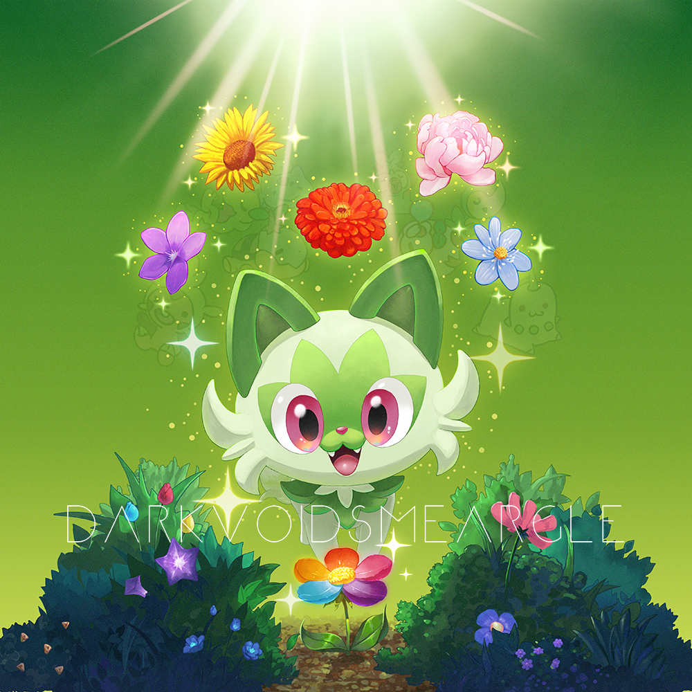 :d commentary darkvoiddoble fangs flower green_background looking_down no_humans open_mouth pokemon pokemon_(creature) red_flower smile solo sparkle sprigatito sunflower tongue violet_eyes
