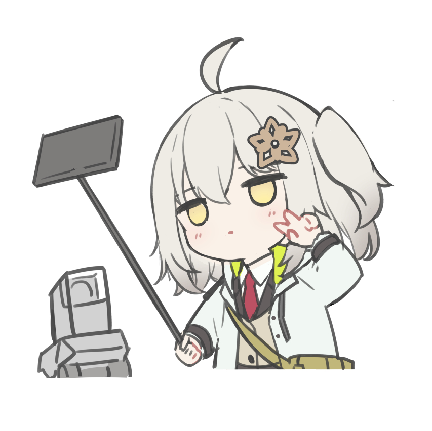 1girl ahoge arknights bangs blush brown_vest cellphone chibi collared_shirt grey_hair hair_between_eyes hair_ornament hand_up holding jacket jitome long_hair long_sleeves necktie one_side_up open_clothes open_jacket phone red_necktie robot scene_(arknights) selfie_stick shirt simple_background solo sutorora v vest white_background white_jacket white_shirt yellow_eyes