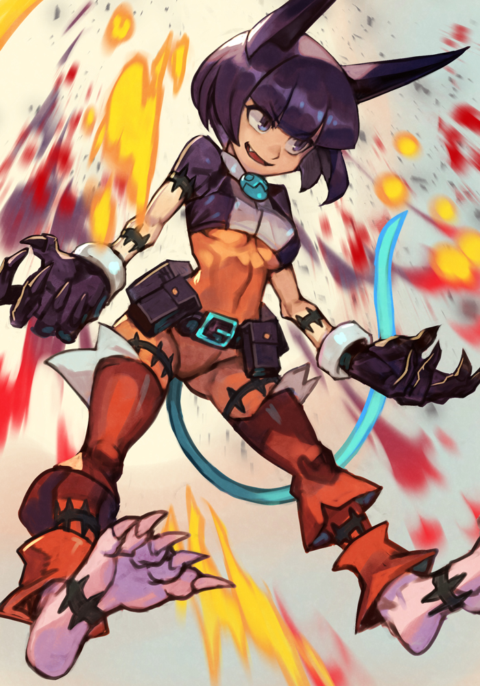 1girl alternate_color bangs belt black_gloves black_hair black_shirt blue_eyes blunt_bangs character_request check_character claws covered_navel fang full_body gloves hankuri midriff ms._fortune_(skullgirls) parted_lips shirt short_hair short_sleeves skullgirls smile solo tail