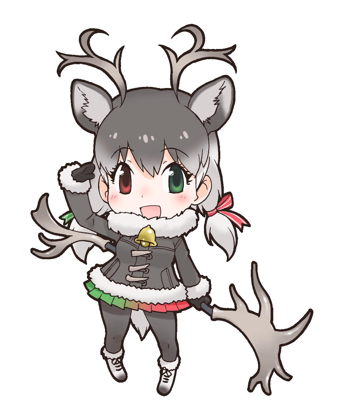 1girl animal_ears boots coat deer_ears deer_girl deer_tail gloves green_eyes grey_hair heterochromia highres horns kemono_friends long_hair looking_at_viewer official_art pantyhose red_eyes reindeer_(kemono_friends) ribbon skirt solo tail transparent_background twintails weapon yoshizaki_mine