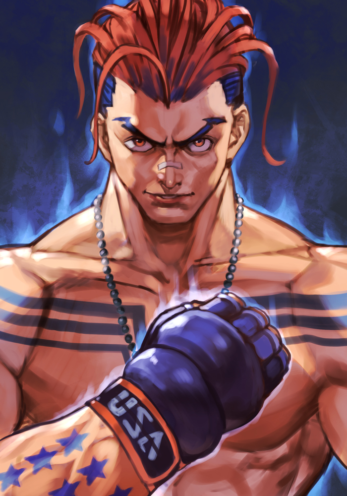 1boy arm_tattoo black_gloves brown_hair buzz_cut chest_tattoo fingerless_gloves gloves hair_slicked_back hankuri jewelry looking_at_viewer luke_sullivan male_focus muscular muscular_male necklace parted_lips red_eyes shadow short_hair smile solo street_fighter street_fighter_v tattoo upper_body very_short_hair