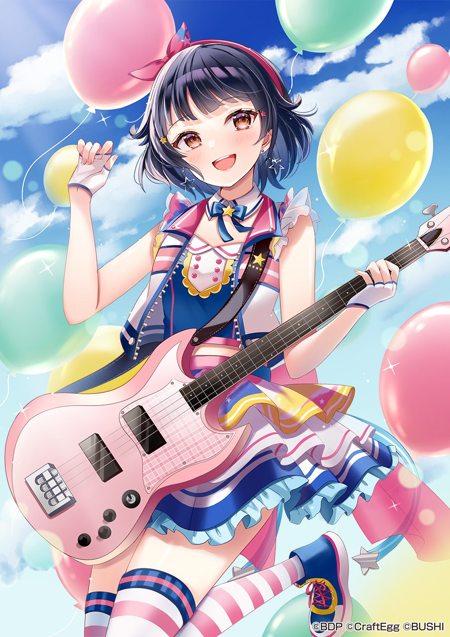 1girl :d balloon bang_dream! black_hair blue_bow blue_dress blue_footwear blue_sky bow brown_eyes clouds cloudy_sky commentary_request day dress earrings electric_guitar fingerless_gloves frilled_dress frills gloves guitar hair_ribbon hairband hand_up highres holding holding_instrument instrument jewelry looking_at_viewer open_clothes open_vest outdoors red_hairband red_ribbon ribbon sakura_hiyori shoes short_hair sky sleeveless sleeveless_dress smile solo star_(symbol) star_earrings striped striped_thighhighs thigh-highs ushigome_rimi vest white_gloves white_vest