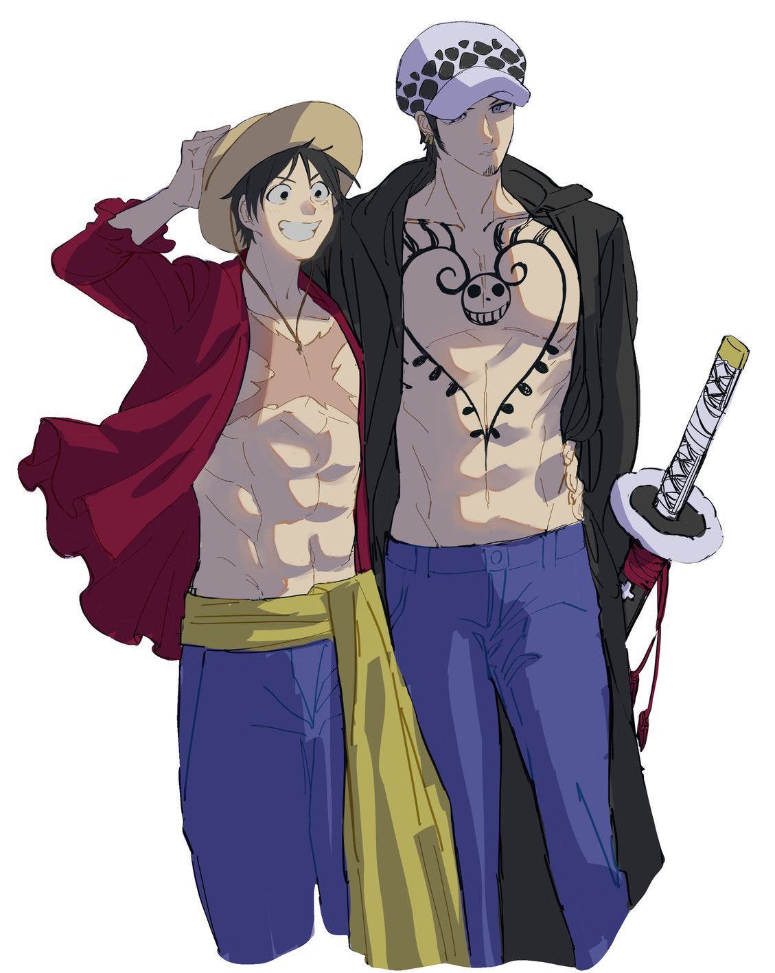 2boys abs arms_behind_back black_coat black_eyes black_hair blue_pants chest_tattoo coat cowboy_shot denim expressionless grin hat highres holding holding_clothes holding_hat jacket jeans jewelry looking_at_viewer monkey_d._luffy multiple_boys muscular muscular_male necklace one_piece pants red_jacket sanpaku sash scar scar_on_chest smile standing straw_hat sword tattoo topless_male trafalgar_law uonomesabu weapon white_background white_headwear yellow_sash