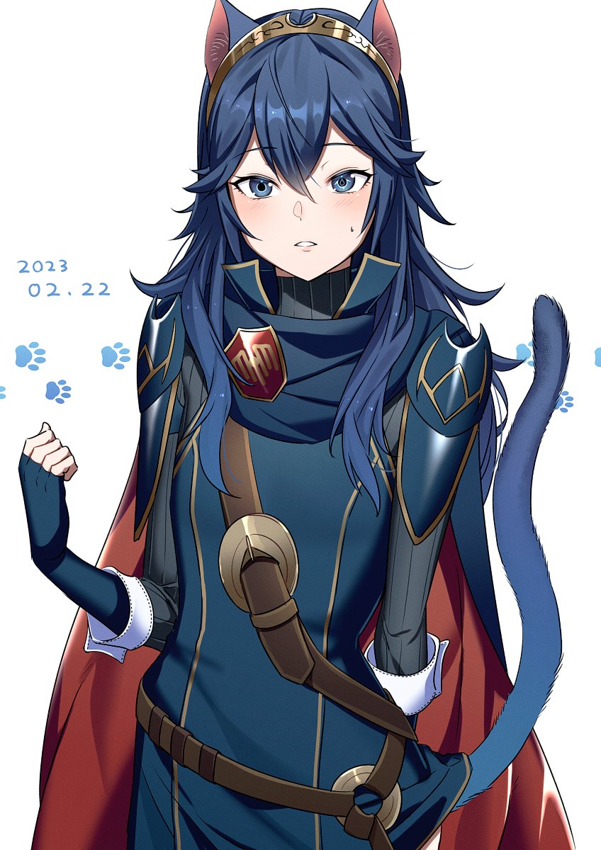 1girl 2023 ameno_(a_meno0) animal_ears armor bangs belt black_sweater blue_cape blue_eyes blue_gloves blue_hair blush brown_belt cape cat_day cat_ears cat_tail commentary dated fingerless_gloves fire_emblem fire_emblem_awakening gloves hair_between_eyes highres long_hair long_sleeves looking_at_viewer lucina_(fire_emblem) red_cape ribbed_sweater shoulder_armor simple_background solo sweatdrop sweater tail tiara turtleneck turtleneck_sweater two-tone_cape white_background