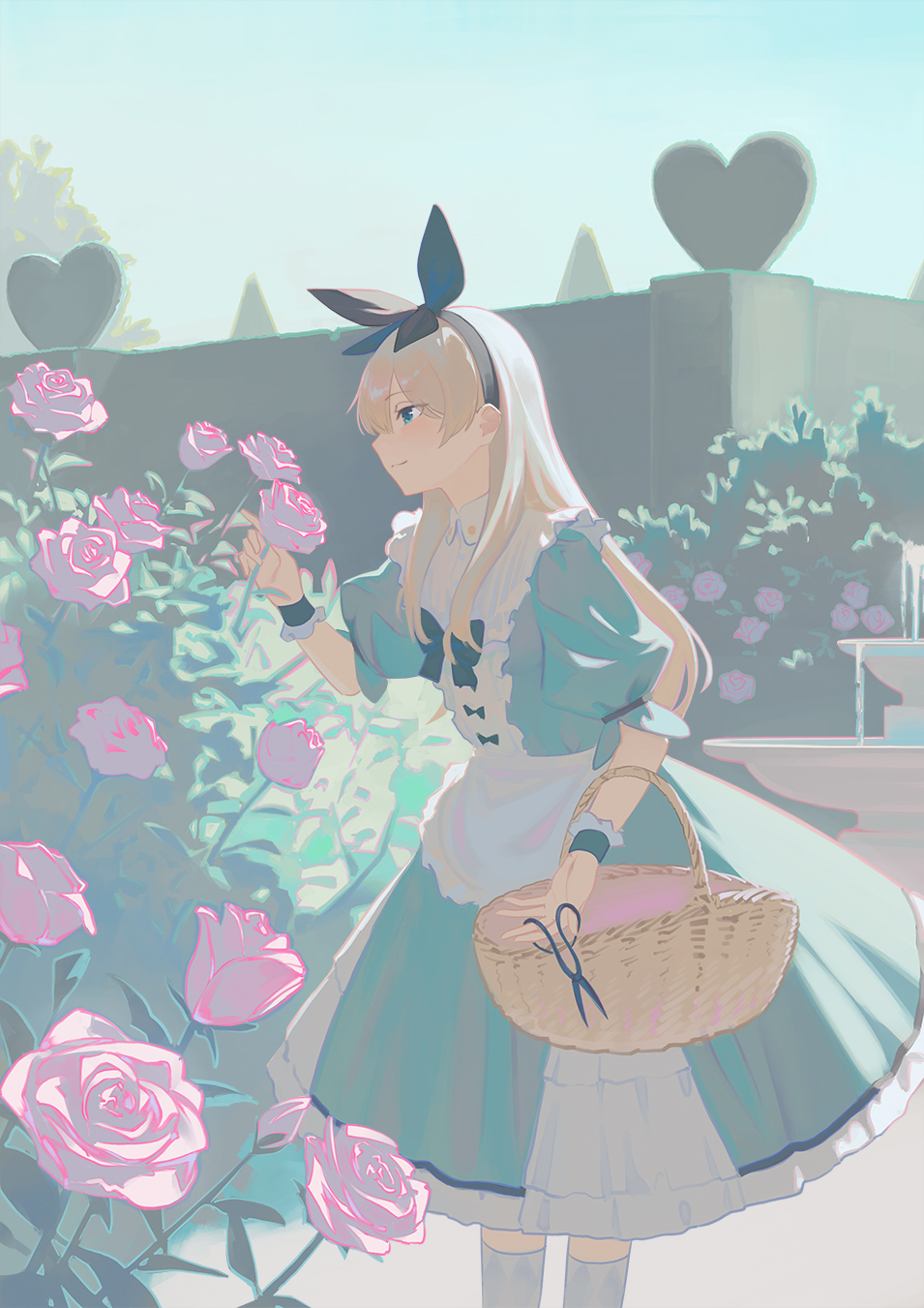 1girl alice_(alice_in_wonderland) alice_in_wonderland bangs basket black_hairband blonde_hair blue_dress blue_eyes blue_hairband blue_ribbon commentary day dress english_commentary feet_out_of_frame flower fountain frilled_dress frills from_side hair_between_eyes hairband hand_up heart highres holding holding_flower holding_scissors long_hair outdoors pinafore_dress pink_flower pink_rose puffy_short_sleeves puffy_sleeves ribbon rose scissors short_sleeves sky smile solo standing tree wakuseiy wrist_cuffs