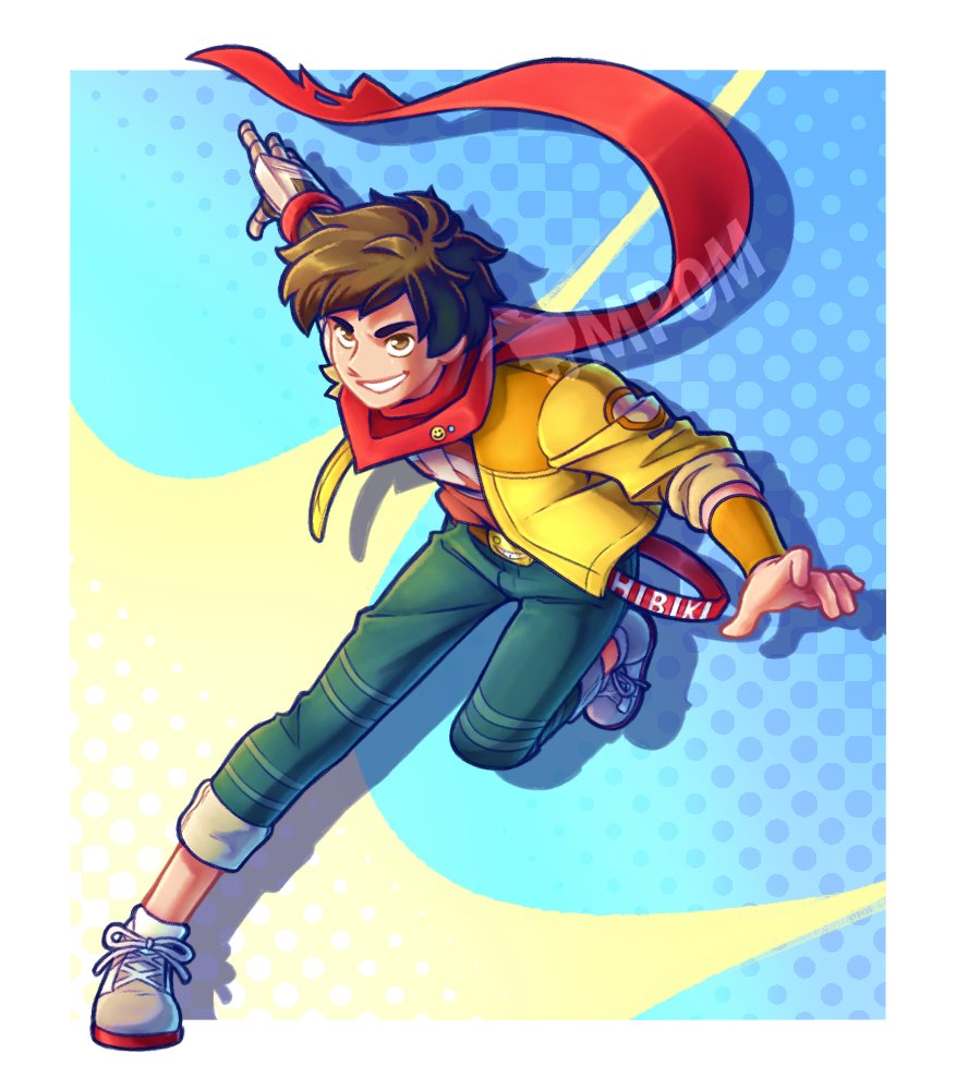 1boy brown_eyes brown_hair chai_(hi-fi_rush) full_body hi-fi_rush jacket magicalpouch male_focus open_clothes open_jacket prosthesis prosthetic_arm red_scarf running scarf shoelaces shoes smile solo teeth yellow_jacket