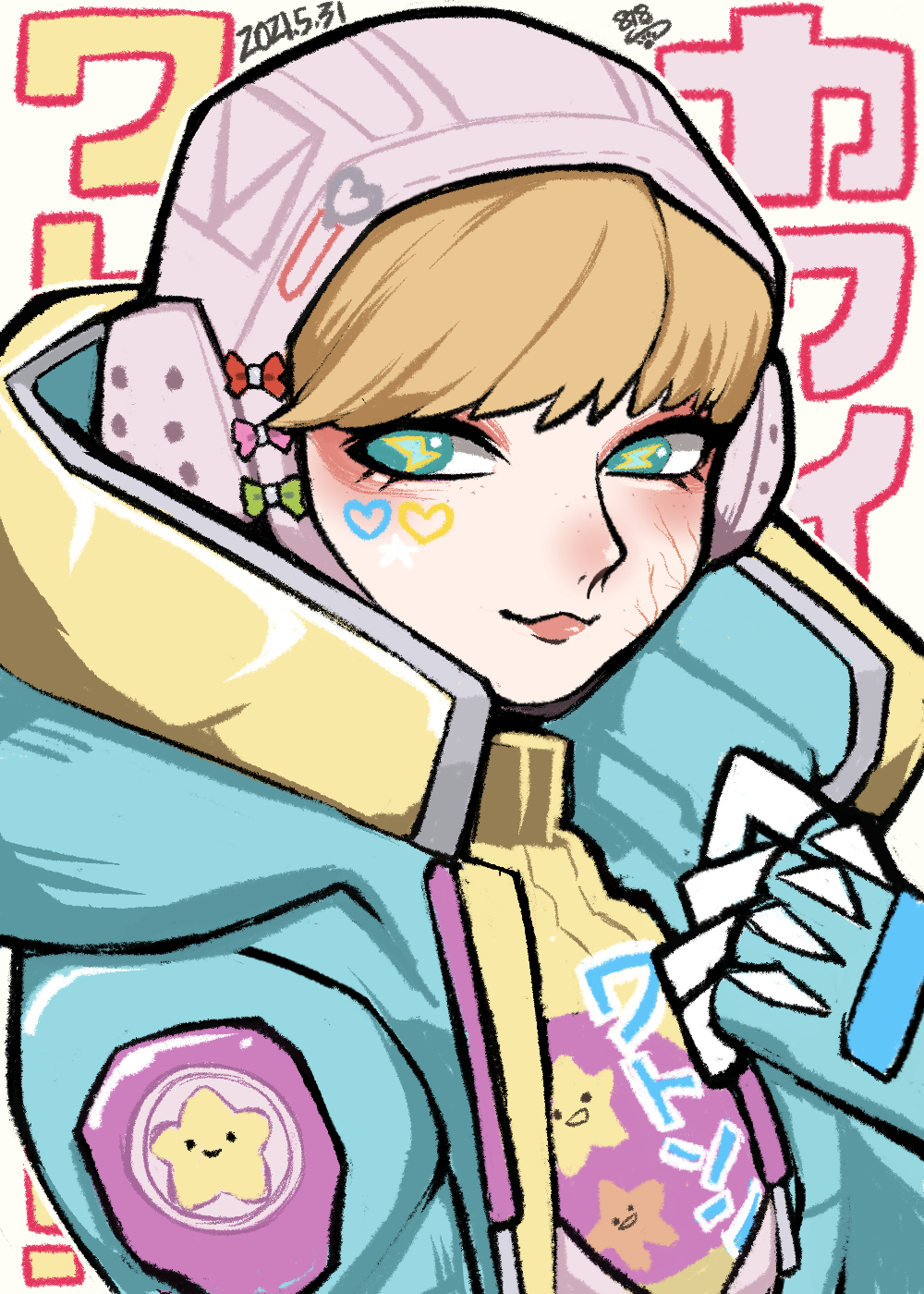 1girl animification apex_legends bangs blonde_hair blue_eyes blue_gloves blue_jacket bow dated eyeshadow facial_mark gloves green_bow heart heart_facial_mark highres jacket kawaii_voltage_wattson lightning_bolt_symbol looking_to_the_side makeup official_alternate_costume ookamiya818 pink_bow pink_eyeshadow pink_headwear portrait print_sweater red_bow ribbed_sweater scar scar_on_cheek scar_on_face smile solo star_(symbol) sweater symbol-shaped_pupils wattson_(apex_legends) white_background yellow_sweater