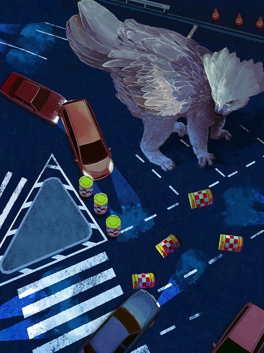 barrel car commentary_request creature feathers from_above ground_vehicle highres motor_vehicle night no_humans original outdoors road toy(e) traffic_cone white_feathers yuugai_choujuu