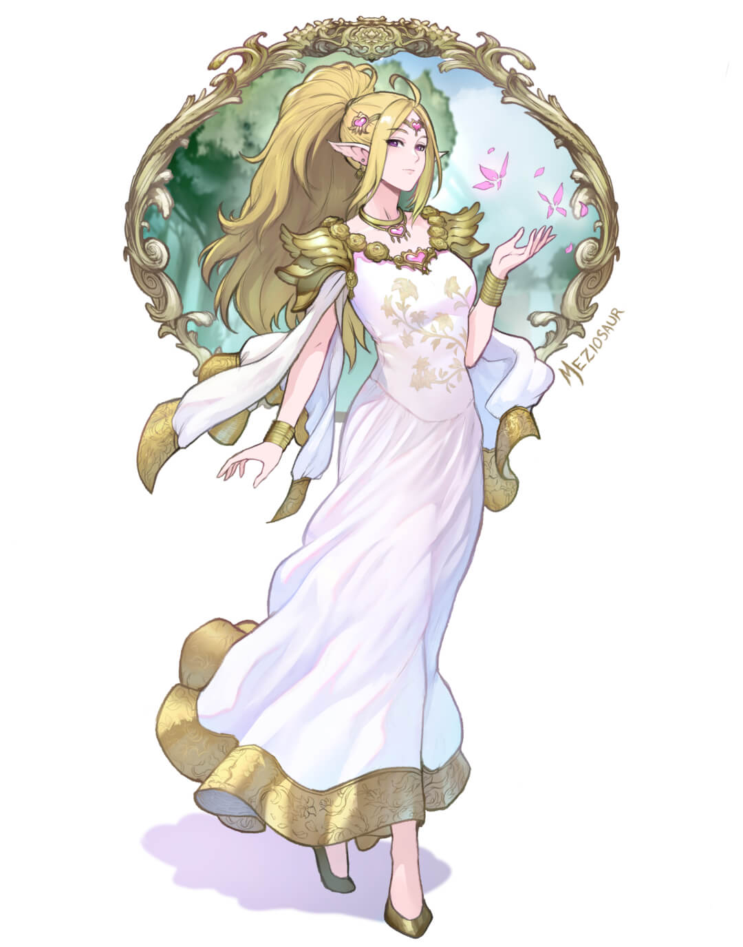 1girl aged_up ahoge alternate_costume artist_name blonde_hair bracelet closed_mouth commentary commission dress english_commentary fire_emblem fire_emblem_awakening gold_trim highres jewelry long_hair looking_at_viewer meziosaur necklace nowi_(fire_emblem) petals pointy_ears ponytail sidelocks sleeveless sleeveless_dress solo tiara violet_eyes white_dress