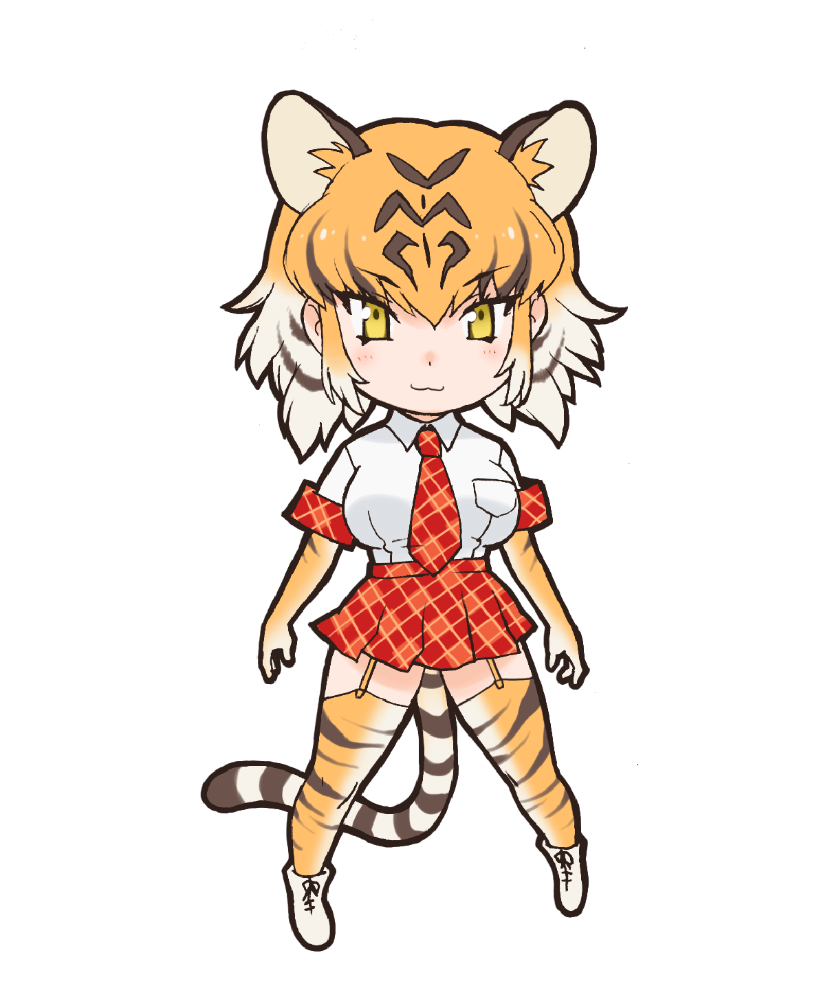 1girl animal_ears closed_mouth elbow_gloves extra_ears gloves highres kemono_friends looking_at_viewer necktie official_art orange_hair pantyhose shirt shoes short_hair skirt solo tail tiger_(kemono_friends) tiger_ears tiger_girl tiger_tail transparent_background yellow_eyes yoshizaki_mine