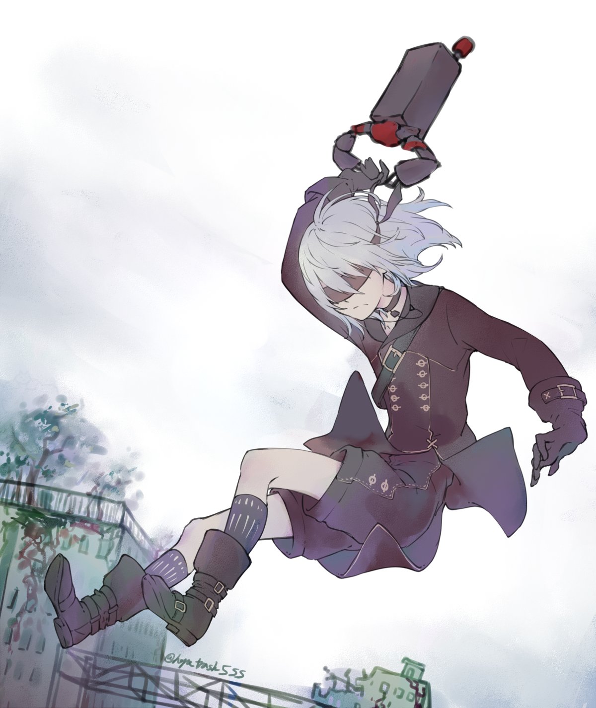 1boy accelerator_(toaru_majutsu_no_index) albino ambiguous_gender androgynous bangs belt belt_buckle black_belt black_blindfold black_choker black_footwear black_gloves black_sailor_collar black_shirt black_shorts black_socks blindfold blurry blurry_background boots buckle buttons choker cityscape cosplay electrodes floating full_body gacha gloves highres hopetrash555 jumping knees knees_up long_sleeves medium_hair messy_hair multiple_belts nature nier:automata nier_(series) non-humanoid_robot pale_skin robot sailor_collar shirt shorts signature socks solo solo_focus thighs toaru_majutsu_no_index white_hair yorha_no._9_type_s