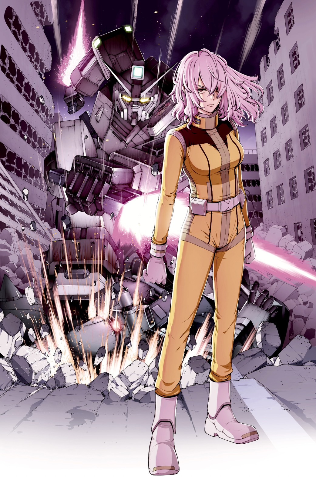 1girl bangs beam_saber breasts clenched_hands cover cover_image cover_page dual_wielding floating_hair glowing glowing_eyes gundam gundam_battle_operation_code_fairy gundam_pixy hair_over_one_eye highres holding holding_sword holding_weapon lilith_aiden long_hair manga_cover mecha medium_breasts night night_sky official_art pink_eyes pink_hair reverse_grip robot science_fiction sky sword takagi_shuei v-fin weapon yellow_eyes