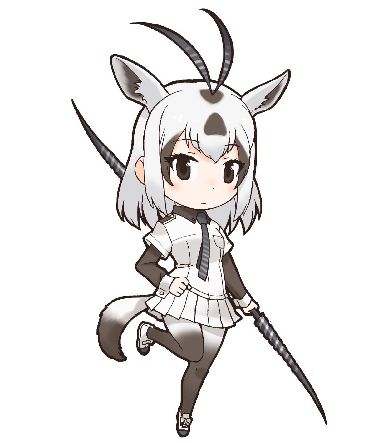 1girl animal_ears arabian_oryx_(kemono_friends) black_eyes closed_mouth extra_ears grey_hair highres horns kemono_friends looking_at_viewer necktie official_art pantyhose shirt shoes short_hair skirt solo tail transparent_background weapon yoshizaki_mine
