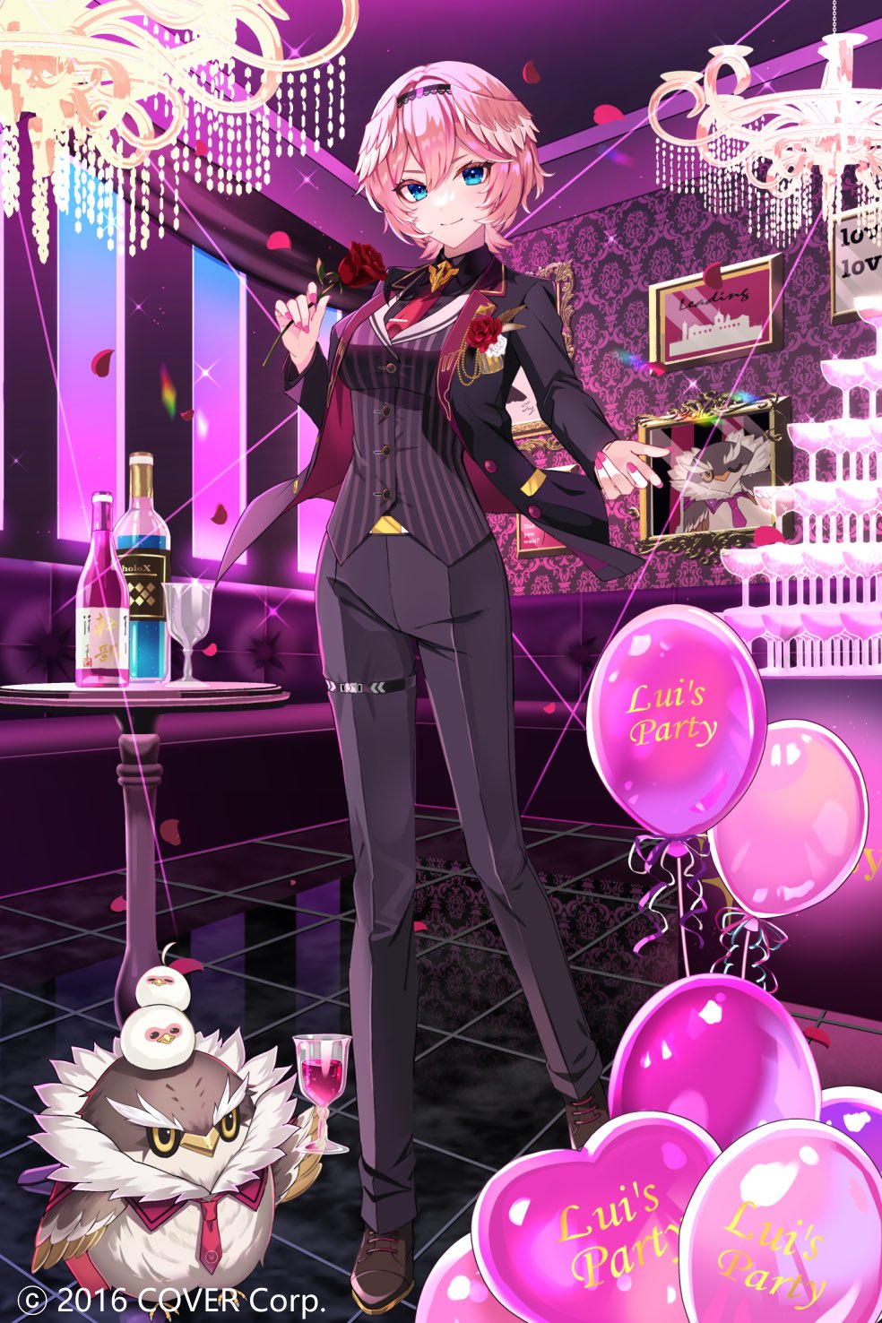 1girl balloon bangs black_hairband black_jacket black_pants black_shirt black_vest blue_eyes bottle brown_footwear champagne_tower chandelier closed_mouth collared_shirt commentary_request commission couch feathered_wings flower formal ganmo_(takane_lui) goroo_(eneosu) hair_between_eyes hairband head_wings heart_balloon highres holding holding_flower hololive indoors jacket nail_polish necktie official_art open_clothes open_jacket pant_suit pants petals picture_frame pink_hair pink_nails pink_wings red_flower red_necktie red_rose rose rose_petals shirt shoes short_hair smile standing striped striped_vest suit table takane_lui v-shaped_eyebrows vertical-striped_vest vertical_stripes vest window wings