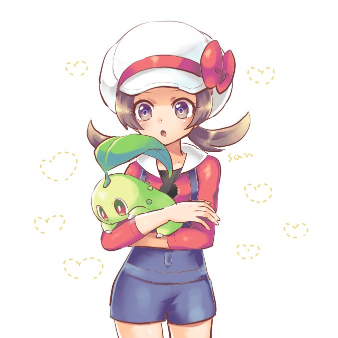 1girl :o blue_overalls brown_hair cabbie_hat chikorita cowboy_shot hat heart holding holding_pokemon long_sleeves lyra_(pokemon) miuta open_mouth overalls pokemon pokemon_(creature) pokemon_(game) pokemon_hgss red_shirt shirt twintails white_background white_headwear