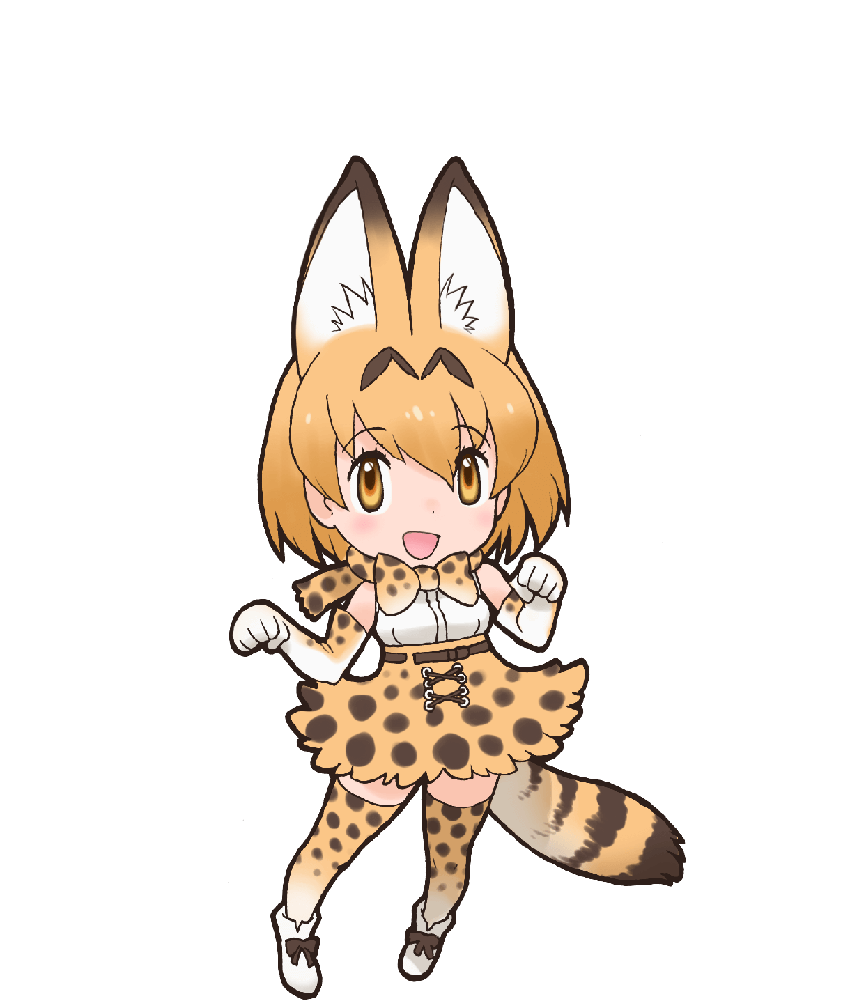 1girl animal_ears bare_shoulders belt blonde_hair bow bowtie cat_ears cat_girl cat_tail elbow_gloves extra_ears gloves highres kemono_friends looking_at_viewer official_art open_mouth serval_(kemono_friends) shirt shoes short_hair skirt sleeveless sleeveless_shirt socks solo tail thigh-highs transparent_background yellow_eyes yoshizaki_mine