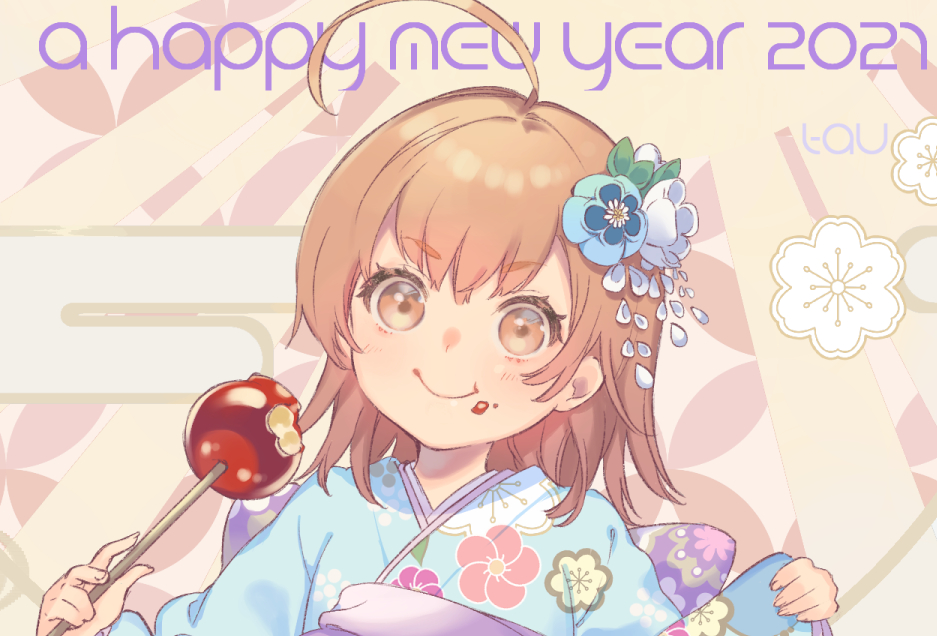 1girl 2021 ahoge bangs blue_kimono brown_eyes brown_hair candy_apple close-up closed_mouth english_text female_child fingernails floral_background flower food food_on_face furisode hair_flower hair_ornament happy_new_year holding holding_clothes holding_food japanese_clothes kimono last_order_(toaru_majutsu_no_index) new_year portrait print_kimono purple_obi short_hair signature smile solo solo_focus tautiki toaru_majutsu_no_index