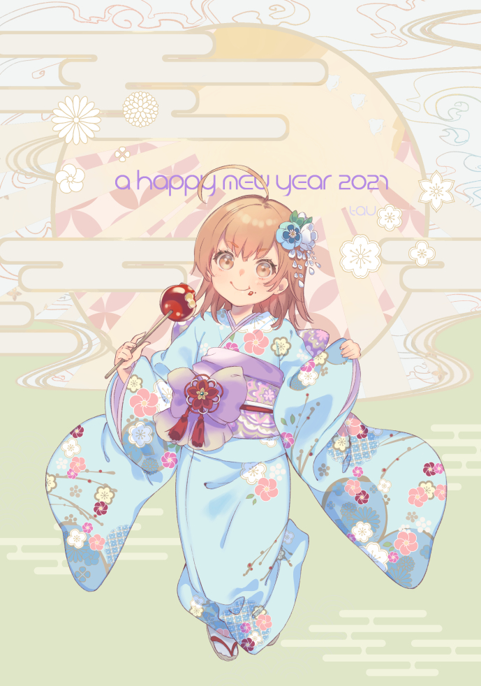 1girl 2021 ahoge bangs blue_kimono brown_eyes brown_hair candy_apple closed_mouth egasumi english_text female_child flower food food_on_face full_body furisode hair_flower hair_ornament happy_new_year holding holding_clothes holding_food japanese_clothes kimono knees_together_feet_apart last_order_(toaru_majutsu_no_index) leaning new_year print_kimono purple_obi sandals short_hair signature smile solo solo_focus standing tautiki toaru_majutsu_no_index wide_shot