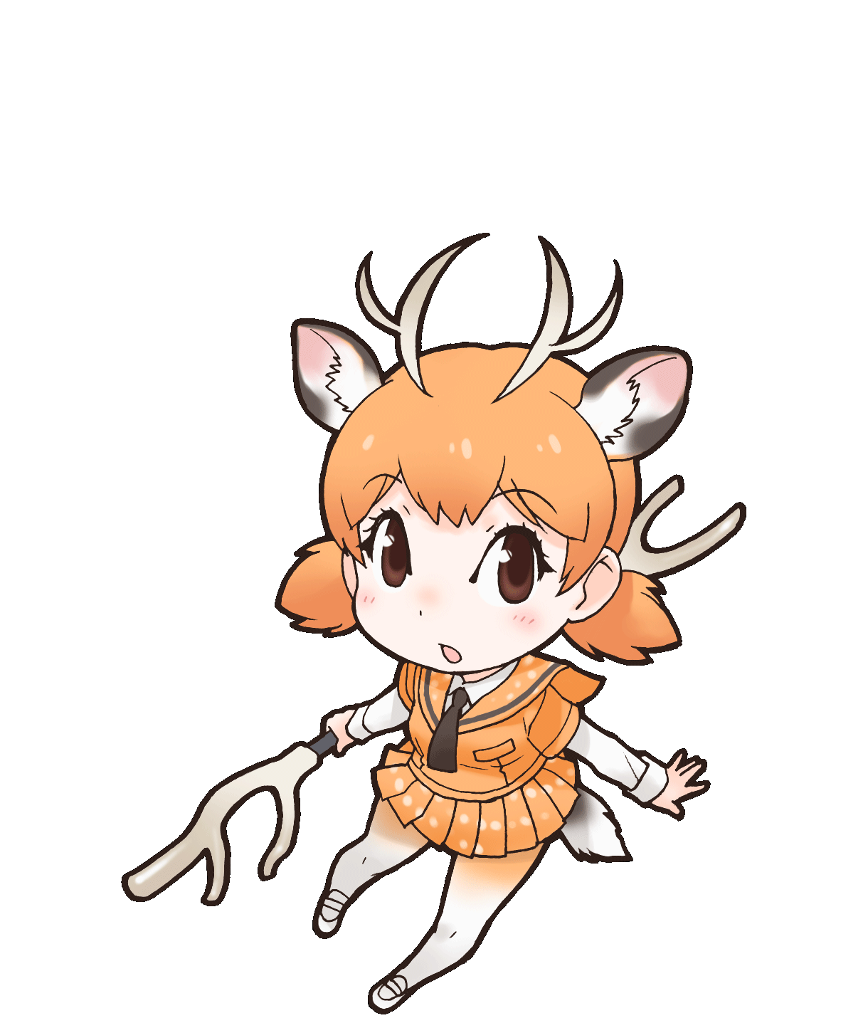 1girl animal_ear_fluff animal_ears black_eyes deer_ears deer_girl deer_tail highres horns kemono_friends looking_at_viewer necktie official_art open_mouth pantyhose sailor_collar shirt shoes short_hair sika_deer_(kemono_friends) skirt solo tail transparent_background twintails weapon yoshizaki_mine
