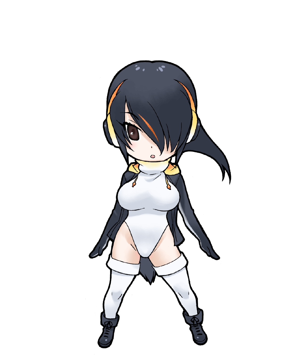 1girl black_eyes black_hair boots breasts emperor_penguin_(kemono_friends) gloves hair_over_one_eye highres hood hoodie kemono_friends large_breasts leotard long_hair looking_at_viewer official_art open_mouth penguin_girl penguin_tail socks solo tail thigh-highs transparent_background yoshizaki_mine