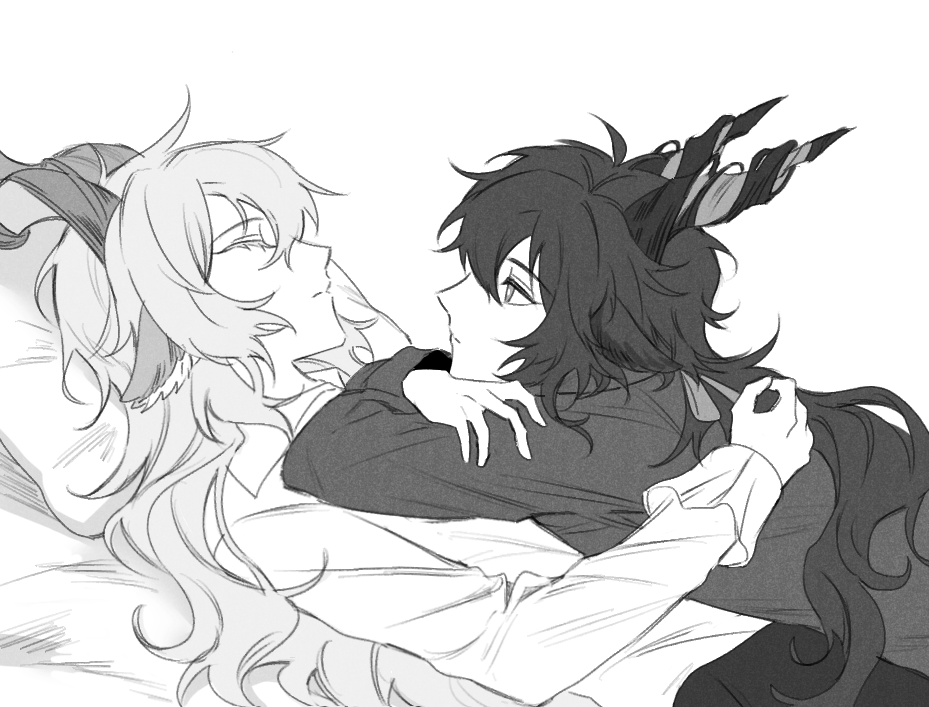 2boys animal_ears arknights bangs bed_sheet boy_on_top closed_eyes closed_mouth collared_shirt crossed_arms ebenholz_(arknights) from_side greyscale hair_between_eyes horns kreide_(arknights) long_hair long_sleeves male_focus monochrome multiple_boys pillow profile rio_(rio773) shirt simple_background very_long_hair white_background