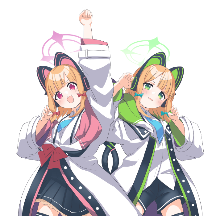 2girls animal_ear_headphones animal_ears arm_up bangs black_shorts black_skirt black_thighhighs blonde_hair blue_archive blue_necktie blush bow cat_day claw_pose collared_shirt commentary_request dress_shirt fake_animal_ears green_eyes hair_bow halo hands_up head_tilt headphones jacket long_sleeves looking_at_viewer midori_(blue_archive) momoi_(blue_archive) multiple_girls necktie o_(rakkasei) open_clothes open_jacket pleated_skirt red_bow red_eyes shirt short_shorts shorts sidelocks simple_background skirt suspender_skirt suspenders thigh-highs v-shaped_eyebrows white_background white_jacket white_shirt wide_sleeves