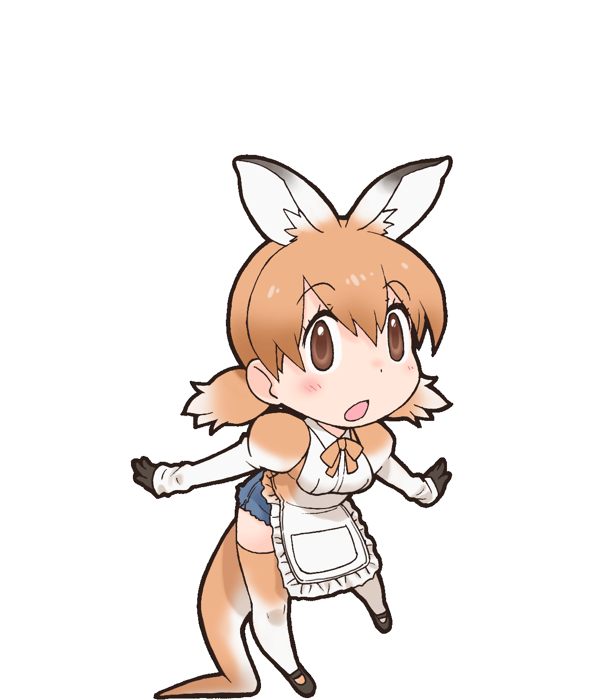 1girl animal_ear_fluff animal_ears apron brown_eyes brown_hair gloves highres kangaroo_girl kemono_friends long_hair looking_at_viewer necktie official_art open_mouth red_kangaroo_(kemono_friends) shirt shoes shorts socks solo tail thigh-highs transparent_background twintails yoshizaki_mine