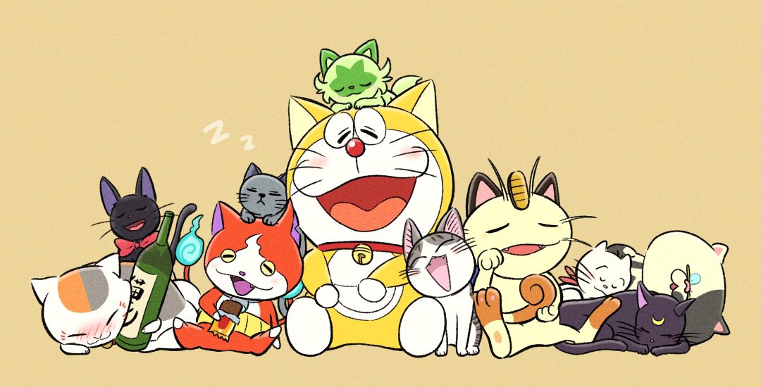 :&lt; ^_^ animal_focus animal_on_head bell bishoujo_senshi_sailor_moon black_cat blue_fire blush bottle bow bowtie calico cat cat_day cat_on_head character_request chi's_sweet_home chi_(character) closed_eyes closed_mouth copyright_request crossover doraemon doraemon_(character) drunk fire flame-tipped_tail food hand_up happy haramaki holding holding_bottle holding_food holding_own_tail jibanyan jiji_(majo_no_takkyuubin) jingle_bell judd_(splatoon) leaning_to_the_side luna_(sailor_moon) lying majo_no_takkyuubin masser0209 meowth multiple_crossover multiple_tails natsume_yuujinchou neck_bell no_humans nose_bubble notched_ear nuzzle nyanko on_head on_side open_mouth pokemon pokemon_(game) red_bow red_bowtie sake_bottle sazae-san side-by-side simple_background sitting sleeping sleeping_upright splatoon_(series) splatoon_1 sprigatito tail tama_(sazae-san) trait_connection two_tails yellow_background youkai_watch zzz