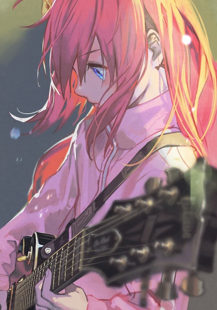 1girl blue_eyes bocchi_the_rock! electric_guitar gibson_les_paul gotou_hitori guitar hankuri holding holding_instrument instrument jacket long_hair long_sleeves music pink_hair pink_jacket playing_instrument profile solo track_jacket upper_body
