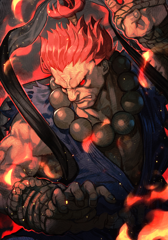 1boy akuma_(street_fighter) angry beads bracelet fighting_stance fire hankuri jewelry male_focus muscular muscular_male parted_lips ponytail prayer_beads red_eyes redhead rope shadow solo street_fighter upper_body