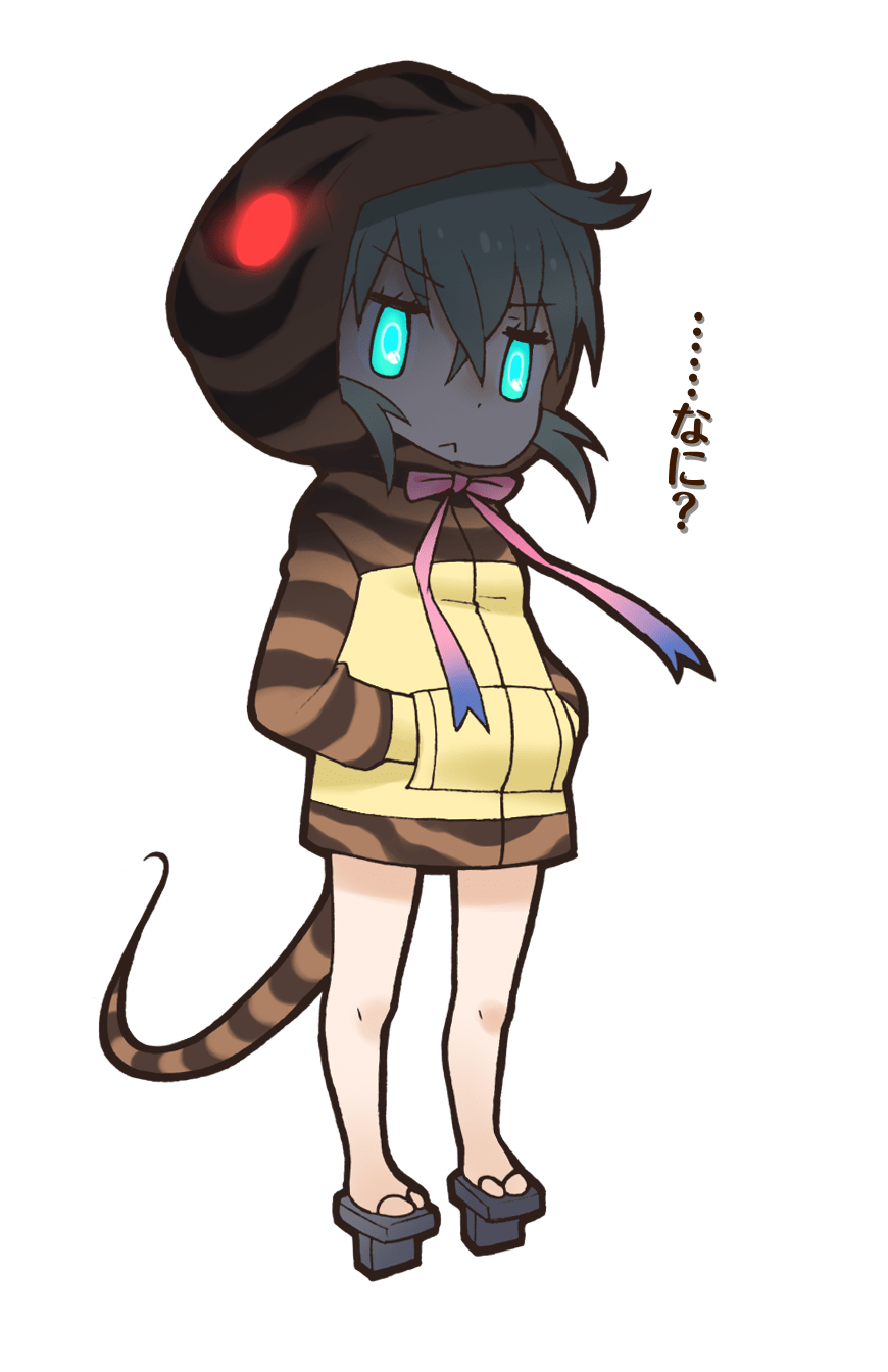 1girl blue_eyes blue_hair closed_mouth geta highres hood hoodie kemono_friends knees looking_at_viewer official_art red_eyes ribbon short_hair simple_background slit_pupils snake_print snake_tail solo tail transparent_background tsuchinoko_(kemono_friends) yoshizaki_mine