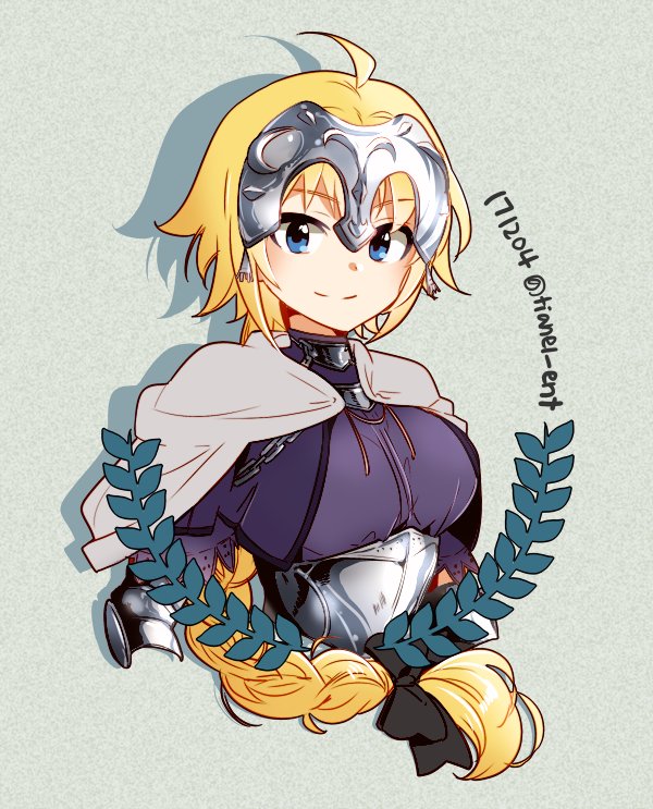 1girl blonde_hair blue_eyes braid breasts capelet commentary_request cropped_torso dated fate/apocrypha fate/grand_order fate_(series) headpiece jeanne_d'arc_(fate) jeanne_d'arc_(ruler)_(fate) korean_commentary long_hair medium_breasts single_braid smile solo tianel_ent twitter_username upper_body