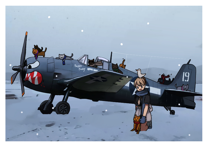 1girl aircraft aircraft_request airplane black_shirt blue_mittens brown_hair cat commentary_request grey_skirt intrepid_(kancolle) kantai_collection outdoors ponytail scarf shirt short_hair skirt snow timmyyen too_many too_many_cats