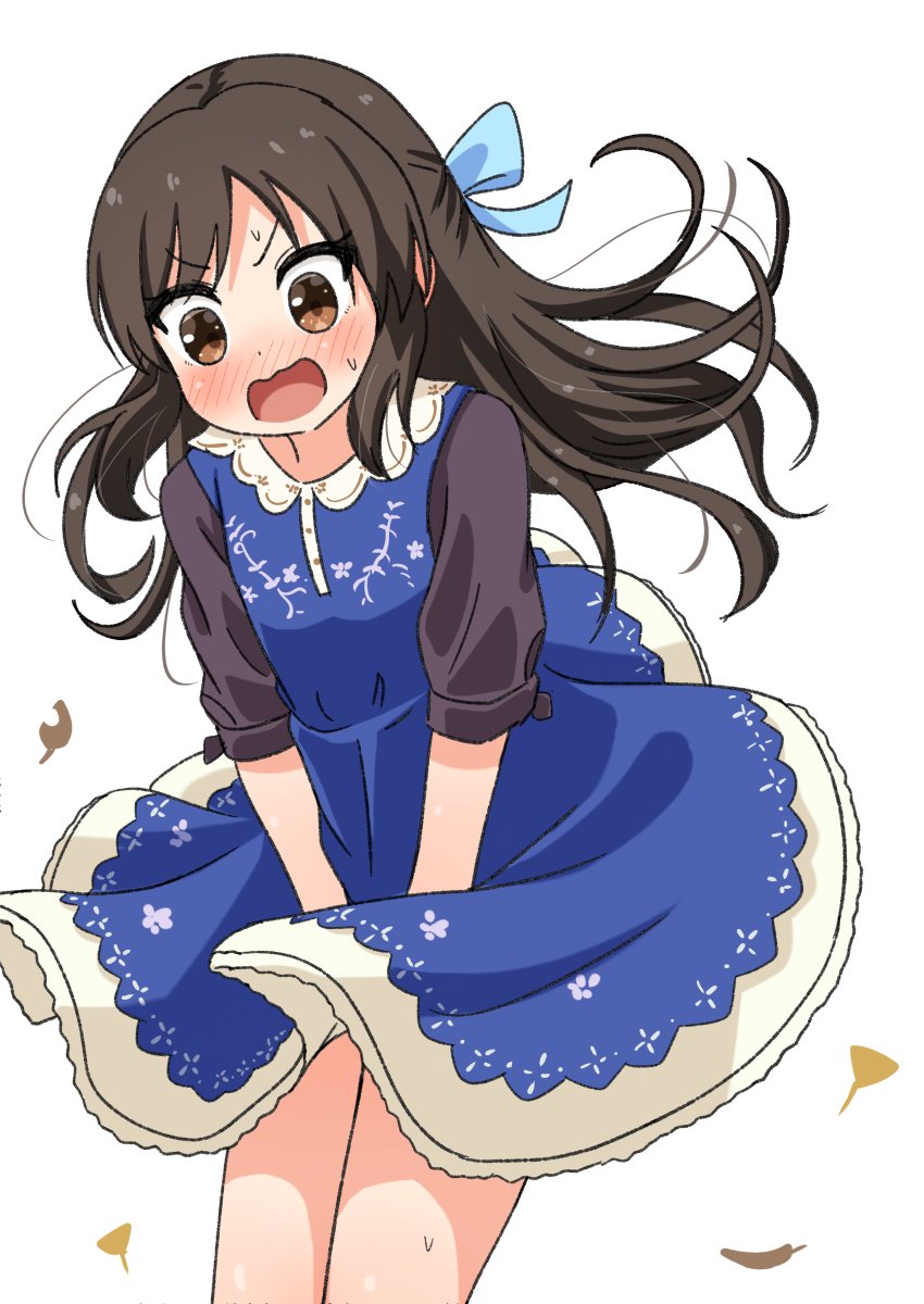 1girl autumn_leaves bangs blue_bow blue_dress blush bow brown_eyes brown_hair collar comiching commentary cowboy_shot dress dress_tug female_child flat_chest hair_bow highres idolmaster idolmaster_cinderella_girls long_hair long_sleeves looking_down open_mouth print_dress sidelocks solo sweat tachibana_arisu thighs v-shaped_eyebrows white_background white_collar wind