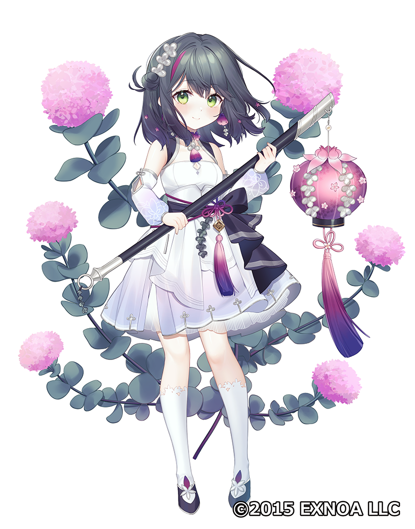 1girl black_bow black_footwear black_hair bow closed_mouth detached_sleeves dot_nose dress flower flower_knight_girl full_body green_eyes hair_bun hair_ornament holding holding_staff kneehighs legs_apart looking_at_viewer medium_hair misebaya_(flower_knight_girl) multicolored_hair name_connection nekomitei object_namesake official_art redhead shoes simple_background smile socks solo staff standing streaked_hair tachi-e tassel two-tone_hair waist_bow white_background white_dress white_sleeves white_socks
