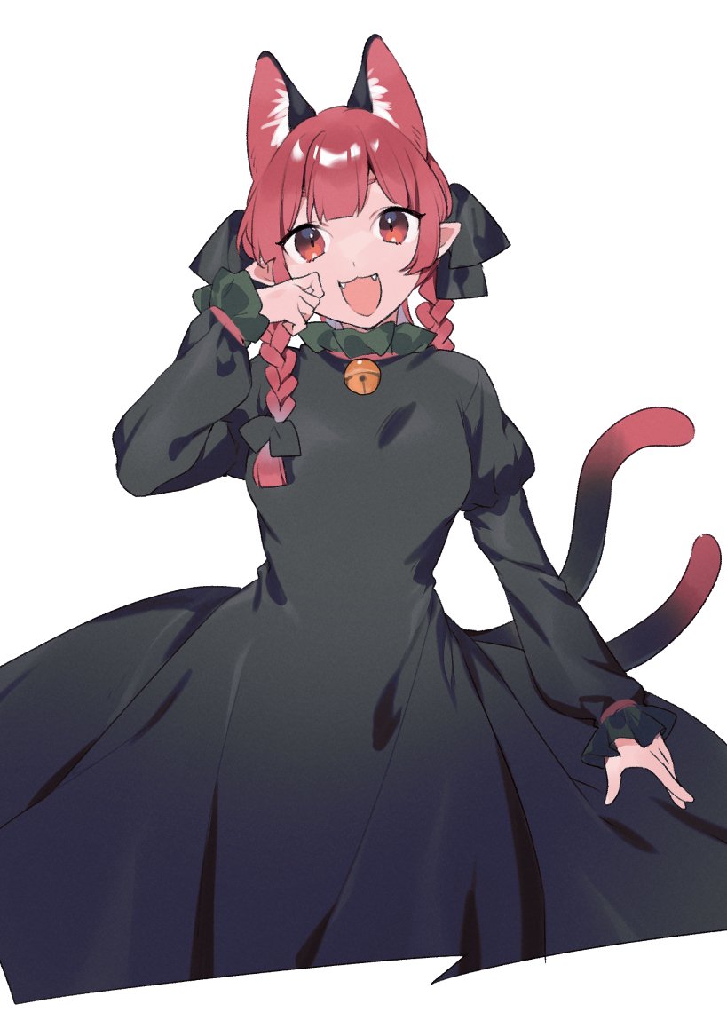 1girl akagashi_hagane animal_ears bell black_dress braid cat_ears cat_tail dress extra_ears fangs jingle_bell juliet_sleeves kaenbyou_rin long_hair long_sleeves looking_at_viewer multiple_tails open_mouth puffy_sleeves red_eyes redhead simple_background smile solo tail touhou twin_braids two_tails white_background